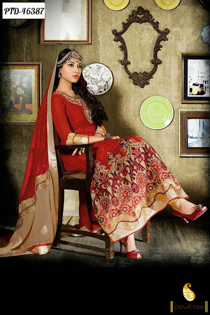 Beautiful red color georgette anarkali salwar suit online shopping for diwali and karva chauth fetsival with excellent discount deals and offers