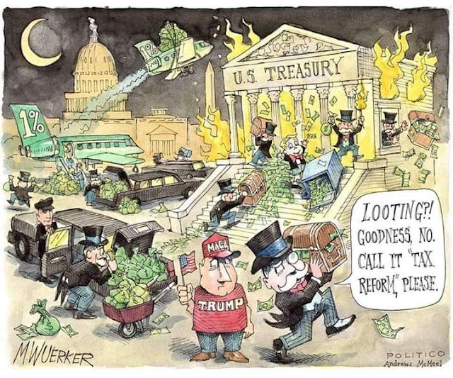 MAGA-hatted man stands by as dozens of little Monopoly Men run off with money frm the U. S. Treasury. One says to the MAGA-hatted man,