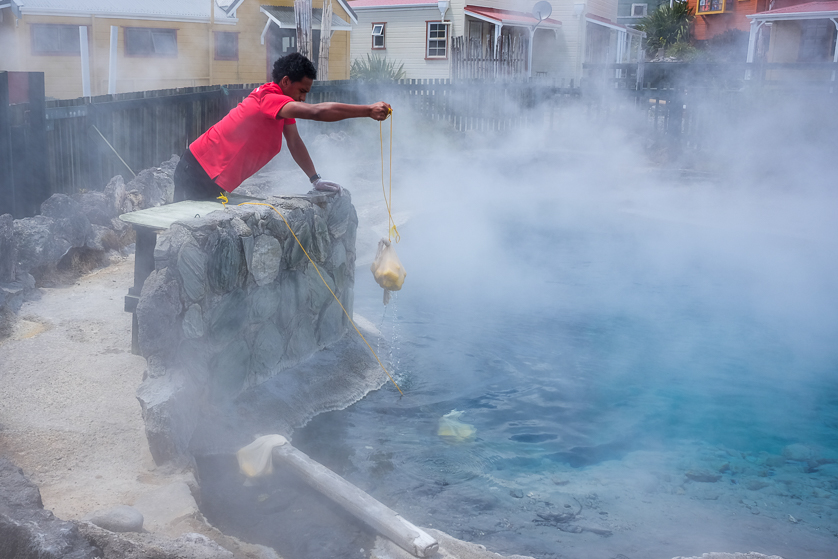 Traditional hot-spring cooking techniques on display at Whakarewarewa