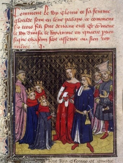 Хлодвиг I и его семья, миниатюра из «Больших хроник Франции»