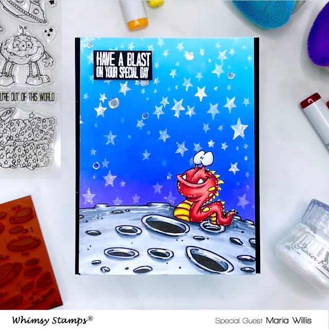 Cardbomb by Maria Willis: Whimsy Stamps, A Boy's Dream, Moon Background, Star Galaxy Stencil, alien Cardbomb, Maria Willis, Whimsy Stamps, cards, cardmaking, stamps, stamping, ink, paper, papercraft, create, craft, art, diy, color, ink blend, nuvo,ranger ink,tonic studios, galaxy, moon, birthday,