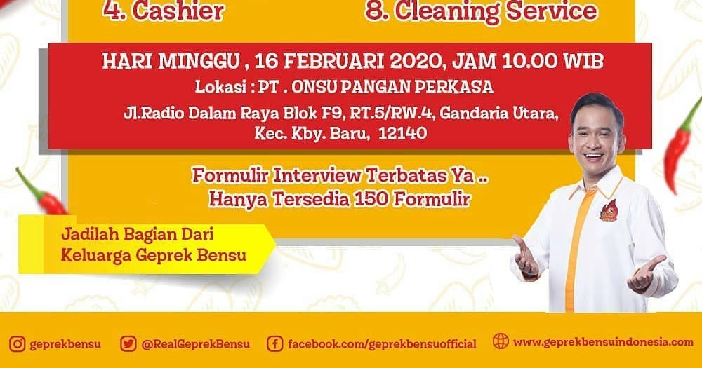 Lowongan kerja di PT Onsu Pangan Perkasa (Geprek Bensu