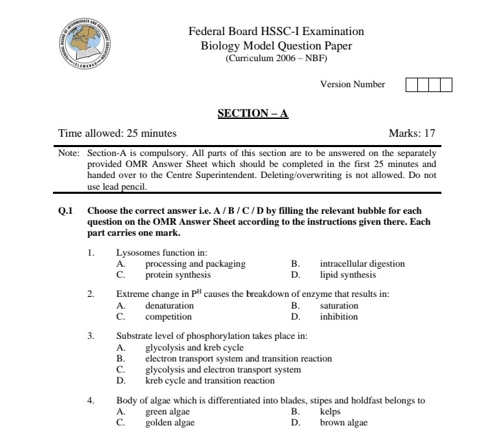 FBISE CLASS 11 BIOLOGY MODEL PAPER, PATTERN AND SCHEME OF STUDIES