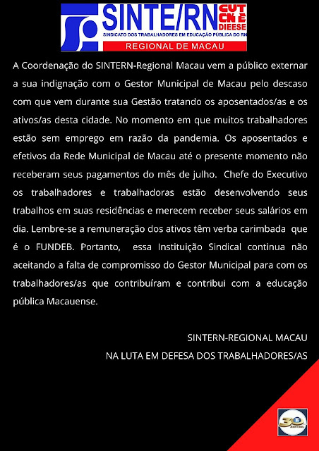 SINTERN MACAU publica nota em repúdio ao atraso dos pagamentos dos ativos e aposentados.