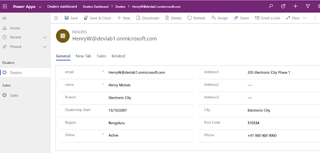 Power Apps Model Driven Dashboard showing a dealer information using a form configured