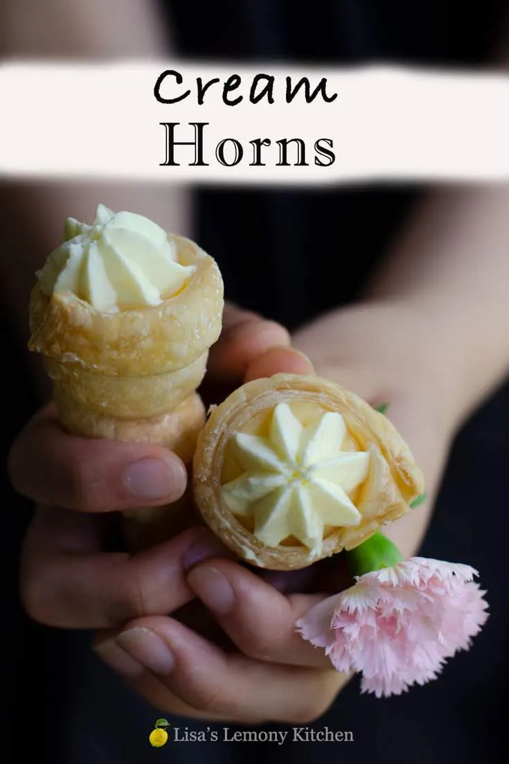 Cream Horns known as Italian cream horns are made of puff pastry wrapped around a conical shape mould. Cream horns are scrumptious  baked till golden and flaky.  These gorgeous cream horns can be filled with custard and top with whipped cream.