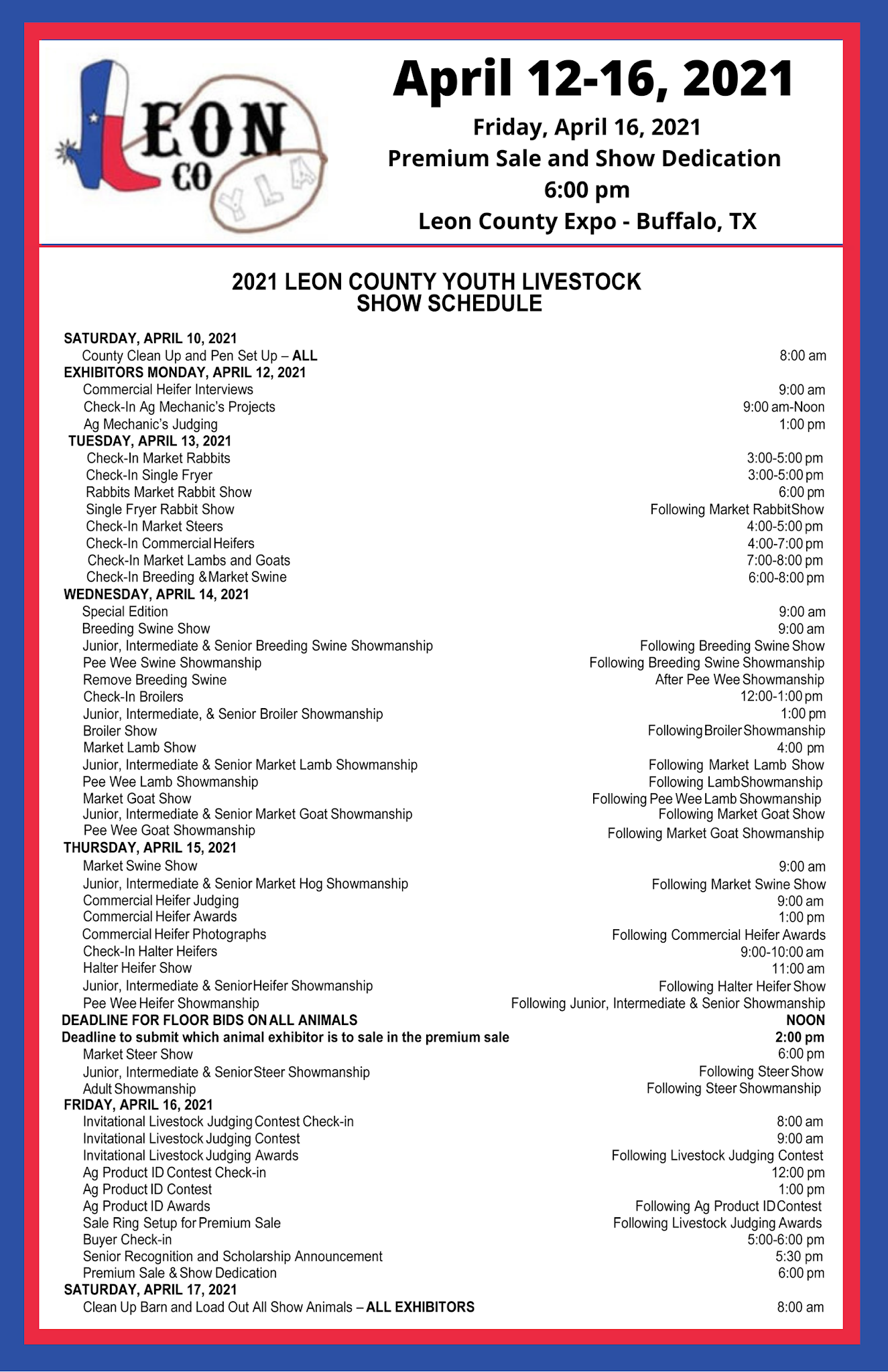 Leon County Youth Livestock Show Schedule