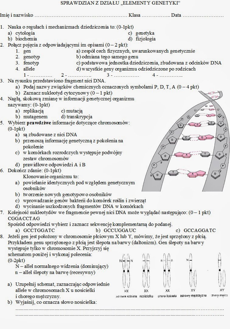 Sprawdzian Z Genetyki Klasa 8 Przyroda i zdrowie.