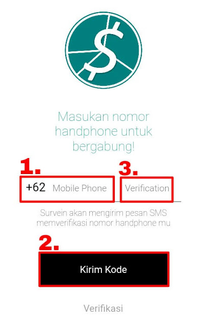 silahkan mendaftar / membuat akun dengan cara memasukkan nomor handphone kemudian pilih "Kirim Kode" dan masukkan kode yang telah dikirim melalui sms ke kolom "Verification".