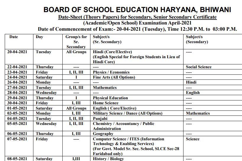 Haryana hbse bhiwani board exam 2021 date sheet haryana class 10th 1th