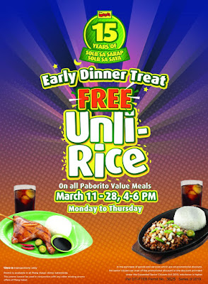 Free Unli Rice during early dinner at all Mang Inasal stores this March