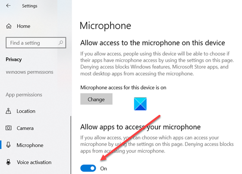 Consenti alle app di accedere al microfono