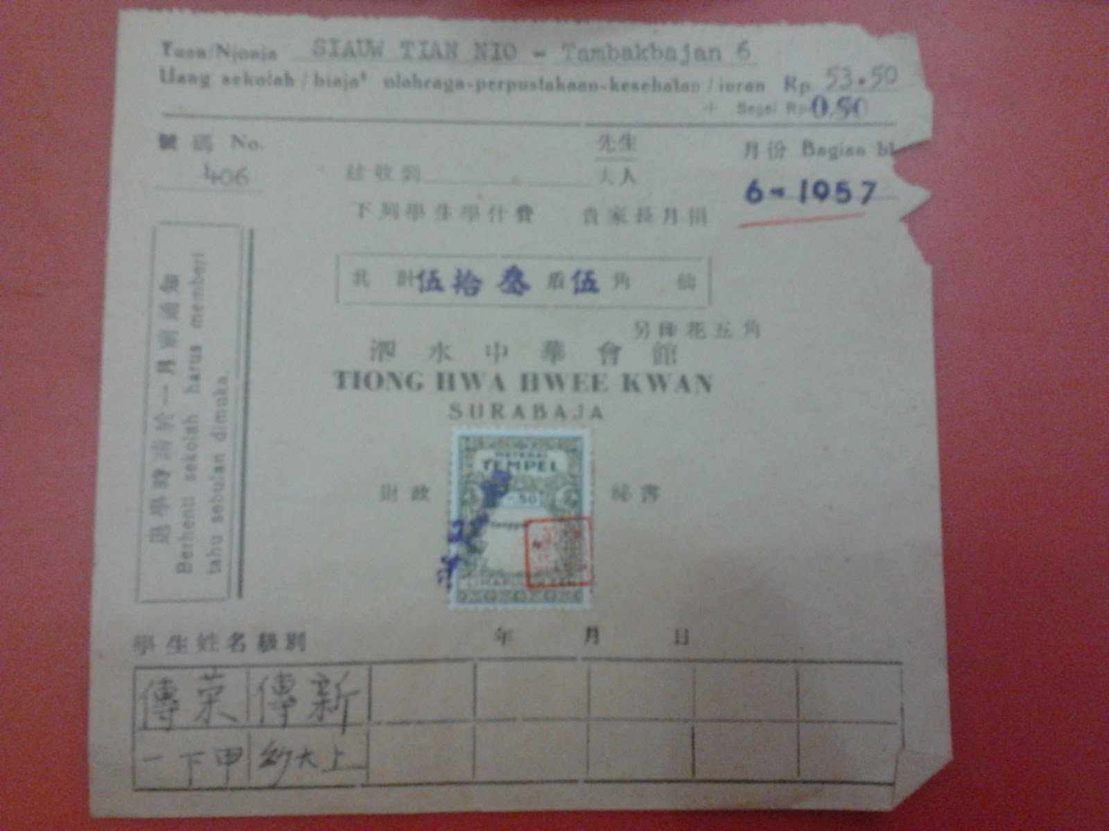 Kitiran iuran perkumpulan Tiong Hwa Kwee Kwan 1957