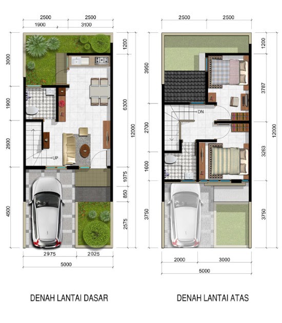 Denah rumah minimalis ukuran 5x12 meter 2 lantai + Tampak