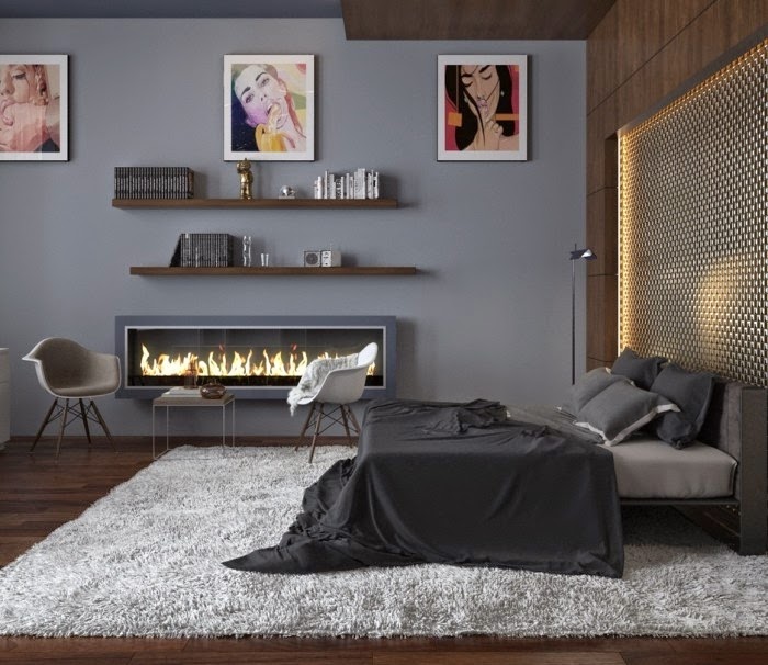 modern bedroom designs - creative headboard and fireplace