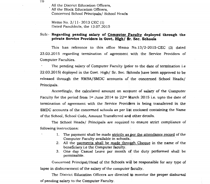 Haryana Education Activity Computer Faculty Salary Letter