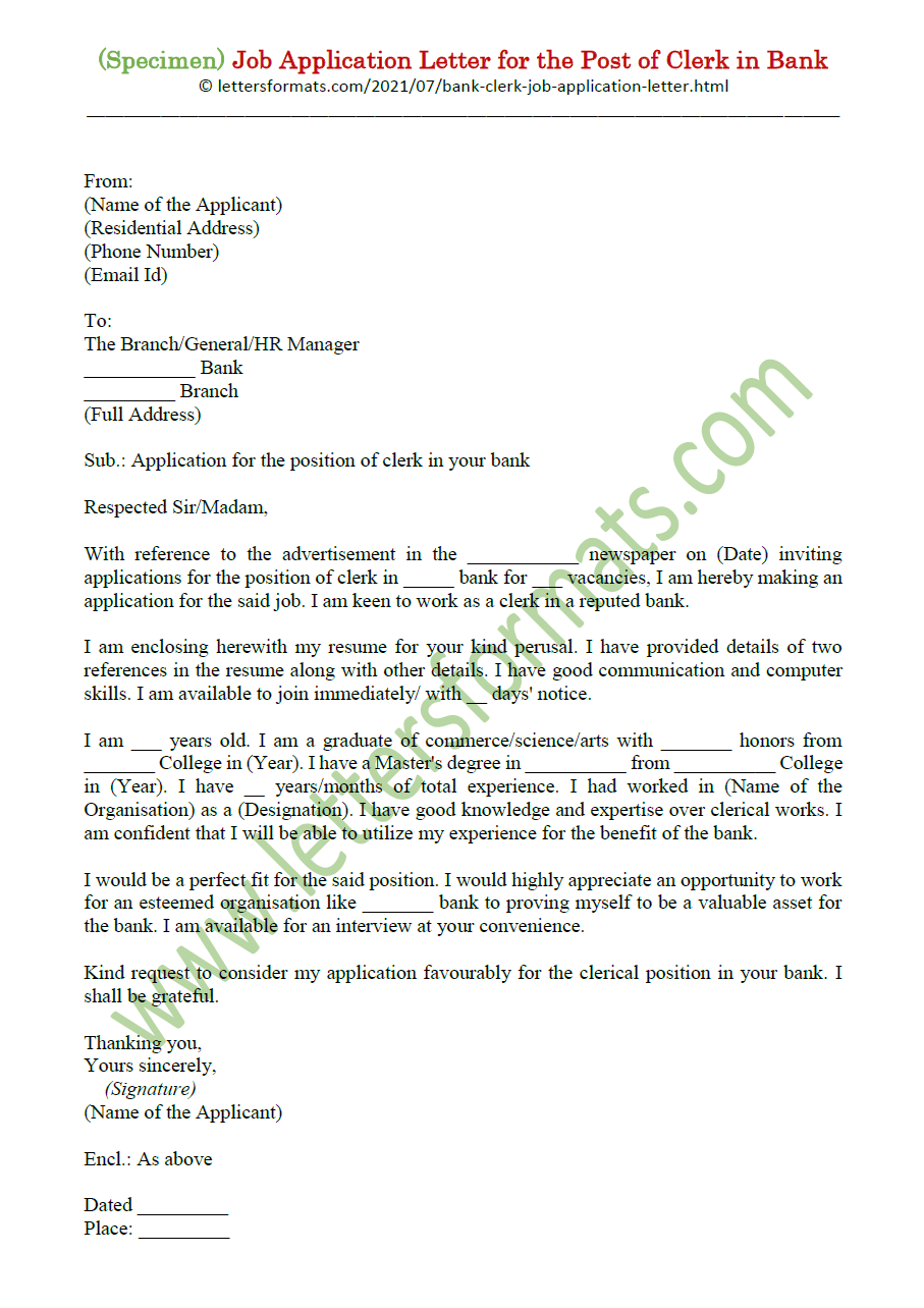 sample application letter for bank employment