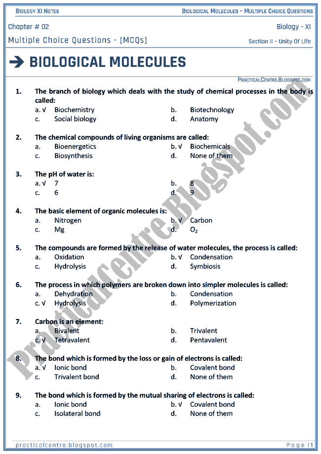 Biological Molecules - Multiple Choice Questions (MCQs) - Biology XI