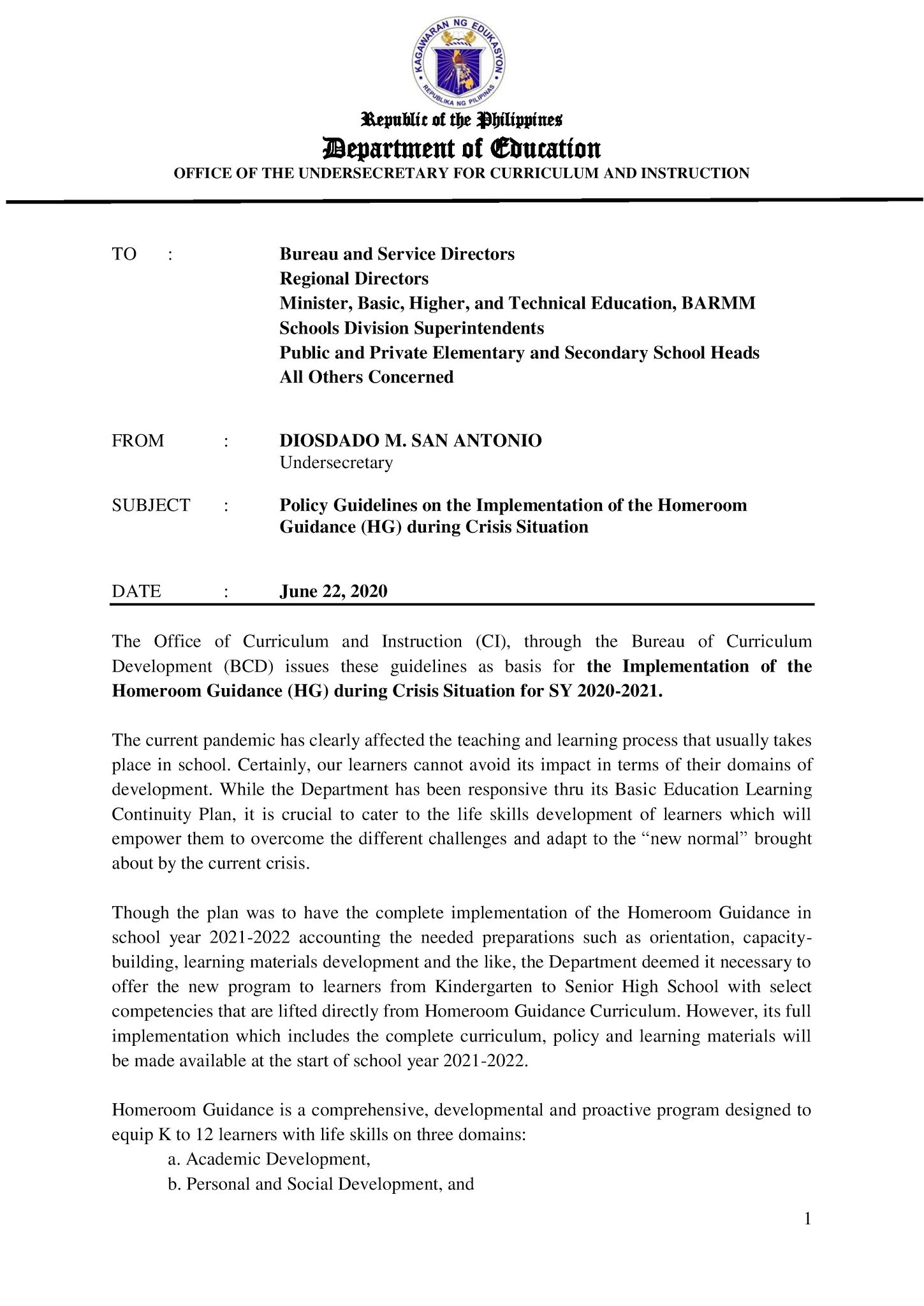USEC Memo Policy Guidelines on the Implementation of the Homeroom
