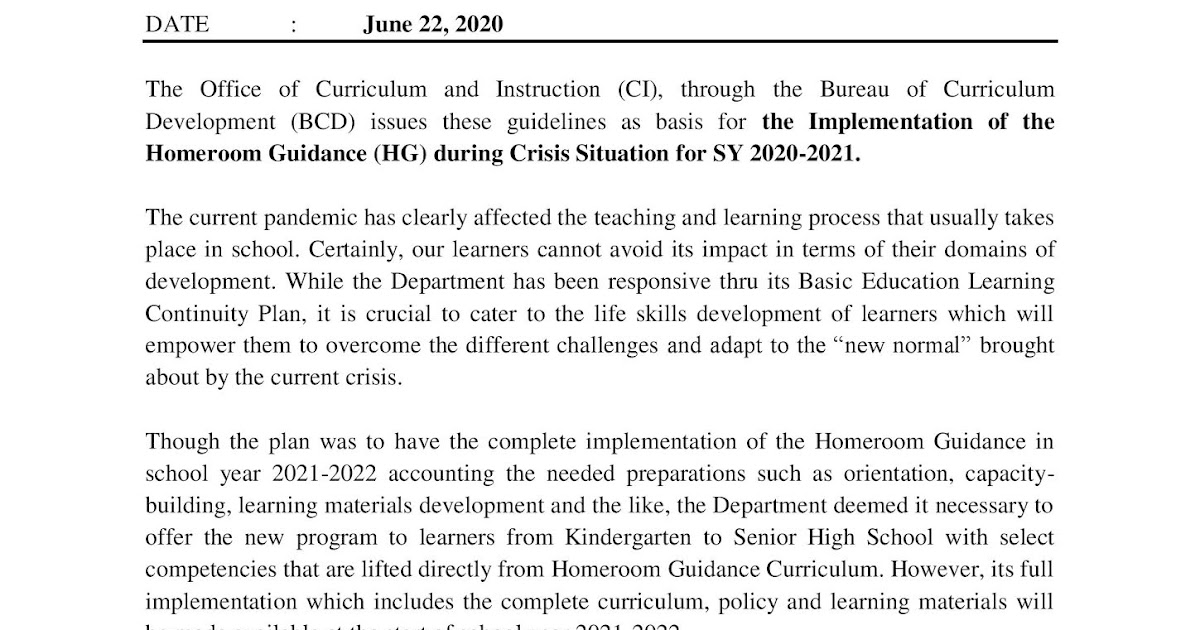 USEC Memo Policy Guidelines on the Implementation of the Homeroom