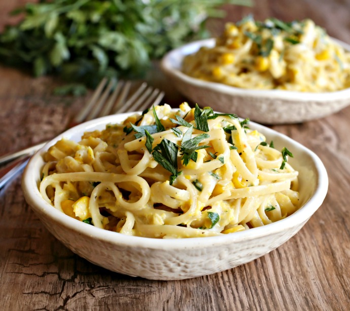 Recipe for pasta in a sauce made of corn, milk, Parmesan and herbs.