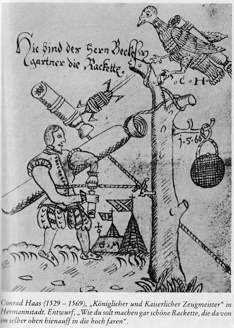 Иллюстрация из рукописи Хааса, показывающая инструменты и методы создания ракет.
