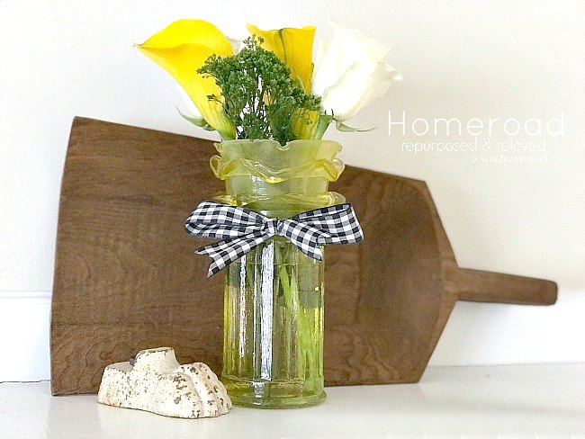 DIY depression glass with wooden scoop and flowers