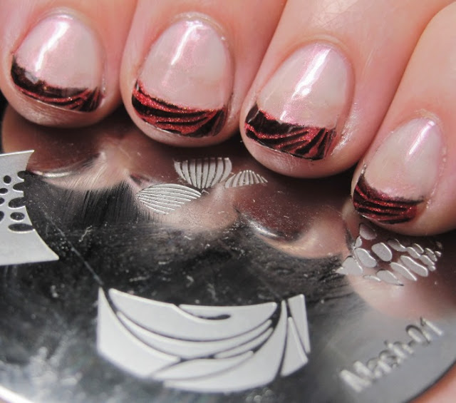 French tips with Glitter Gal Red 3D/Holo peeking through the black stamp