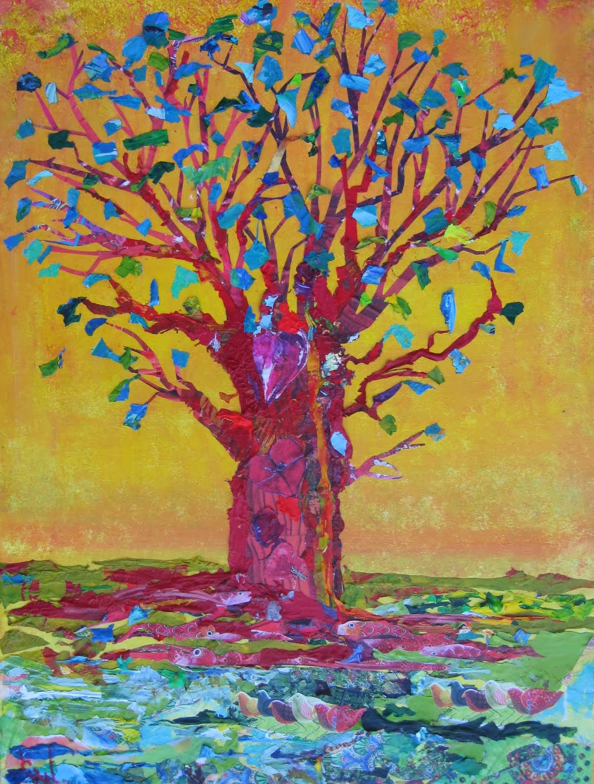 Red Tree With Blue Leaves By The River