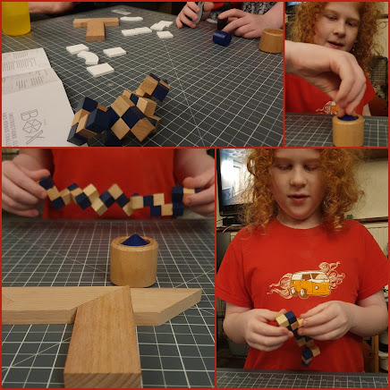 collage of 4 photos showing mainly you8ng boy playing with wooden puzzles