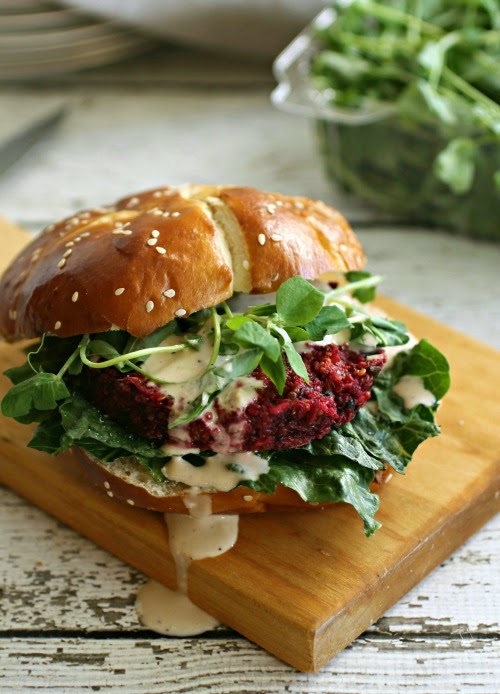 Beet and Chickpea Burgers with Feta and Tahini