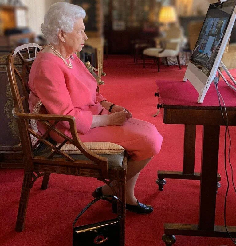 Queen joined a video call with the four health officials leading the deployment of the Covid-19 vaccine. Queen wore a pink dress