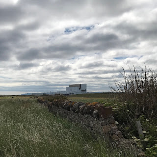 Wall and fields of tall grass stretching off into distance with the large structure of Torness Nuclear Power Station rising up in the background.  Photo by Kevin Nosferatu for the Skulferatu Project