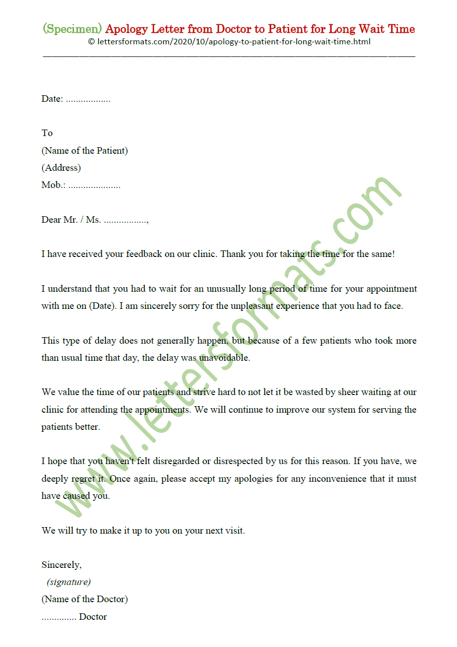 Draft Apology Letter from Doctor to Patient for Long Wait Time