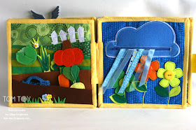 Handmade quiet book for Madelyn, felt activity busy book for toddlers. Felt vegetables garde, rainy cloud page. Развивающая книжка, огород, дождь