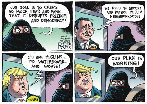 ISIS fighter: Our goal is to create so much fear and panic that it disrupts Democracy. Images of Trump and Cruz spouting anti-Muslim rhetoric. ISIS fighter says,