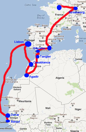 Map of trip from Paris to The Gambia