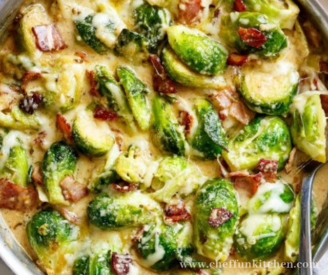 Creamy Garlic Parmesan Brussels Sprouts With Bacon