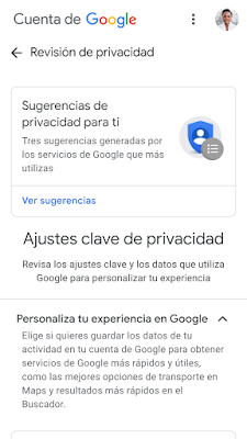 Captura de pantalla de los ajustes de privacidad de Google.