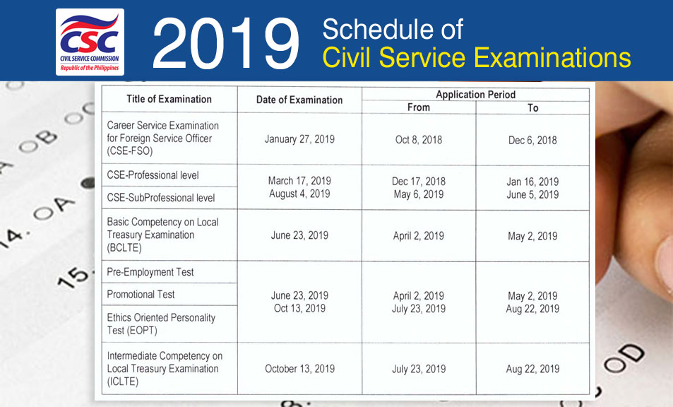 Civil Service Exam PH 2019 Calendar of Civil Service Written Examinations