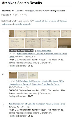 Screen capture with the results from the Library and Archives Canada Enhanced Archives Search - Advanced with search terms of Finding aid number 24-60 and keyword 48th highlanders.