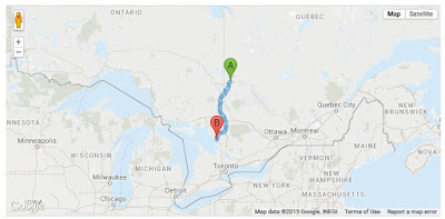 Map showing route from Rouyn-Noranda to Parry Sound