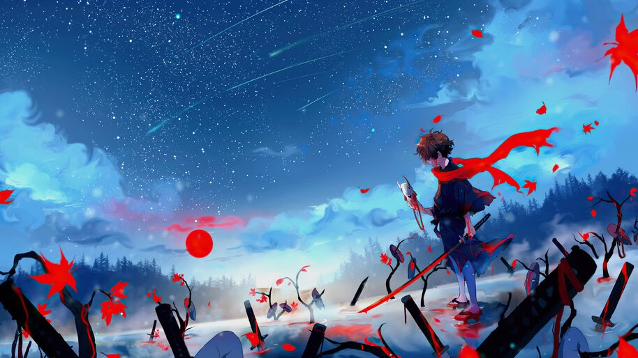 Anime, Warrior, Katana, Mask, Night, 4K, #4.2460 Wallpaper