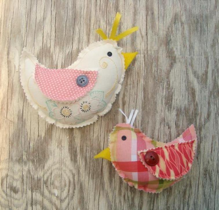 Bird Pillow Stuffed Bird Fabric Scrap Pillow Appliqued