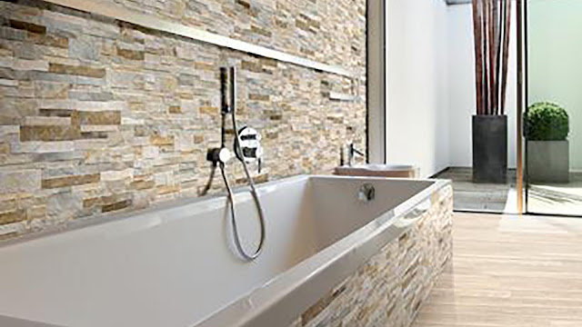 Room tiles design  with stone wall and mosaic strips in wood - Graniti