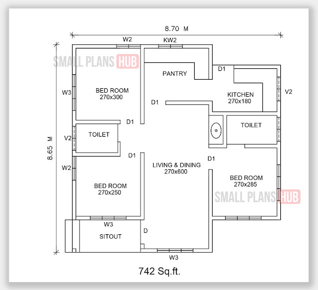 742 Sq.ft. 3 Bedroom Single Floor Plan and Elevation