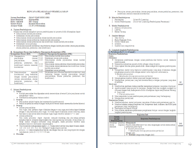 RPP 1 Lembar Matematika Wajib Kelas 12 SMA/MA Semester 2