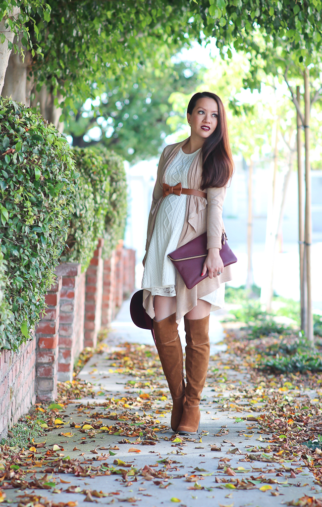 Ann Taylor jersey open cardigan, BP burgundy wool felt hat, CeCe by Cynthia Steffe cotton blend a-line sweater dress, Fall outfit, Lace tunic, MAC lipstick in diva, Pregnancy petite outfits, Steve Madden Orabela knee high boots