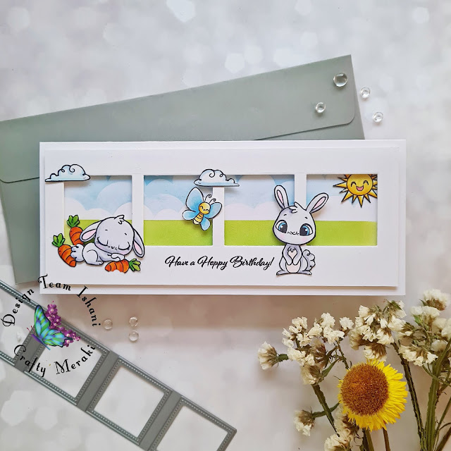 Slim line card, Crafty Meraki Dont Worry be Hoppy stamp set, slim line die, cute bunny card, easter slimline card,