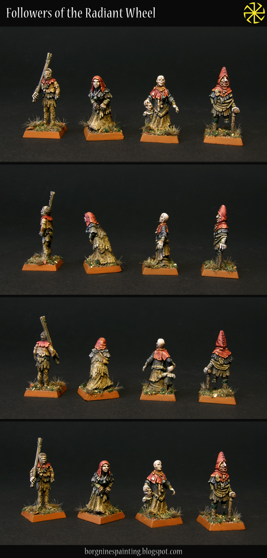 4 tabletop villager miniatures from Black Crab Miniatures, seen from several angles - tehy are painted with red, black and brown robes, with lots of dirt and weathering on them.